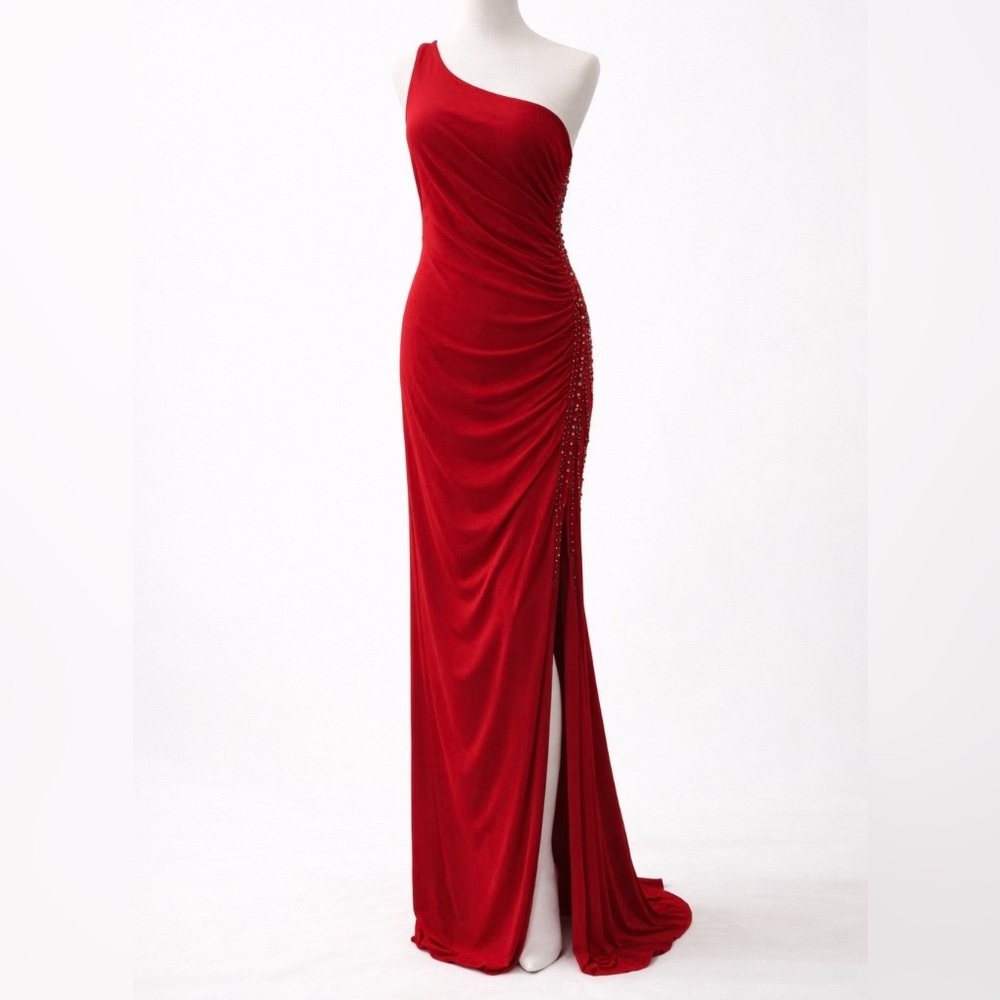 Frank Lyman One Shoulder Red Gown | Beaded Side Detail | High Slit | Size 8